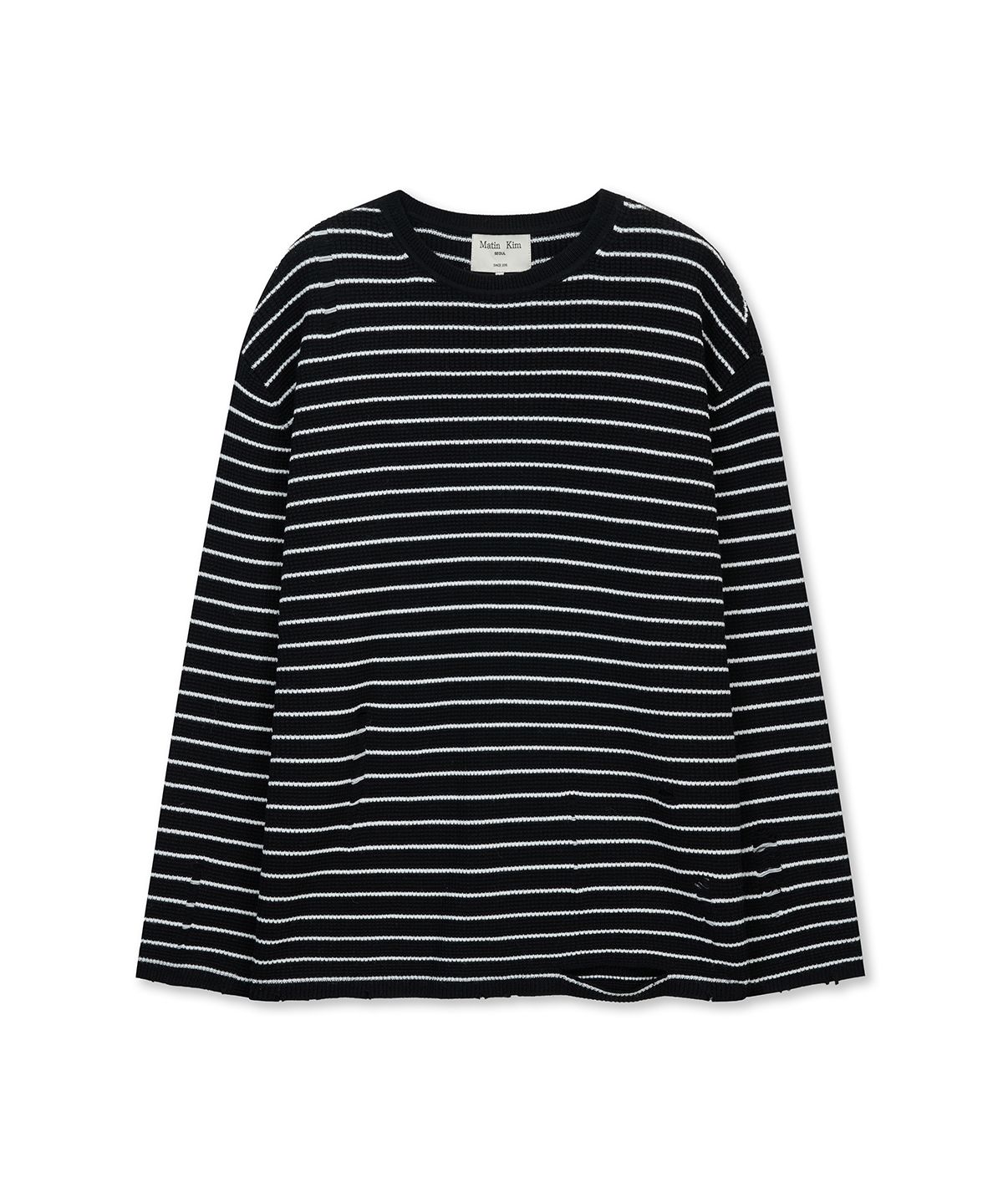 마뗑킴(MATIN KIM) STRIPE DAMAGED LOOSE PULLOVER IN BLACK