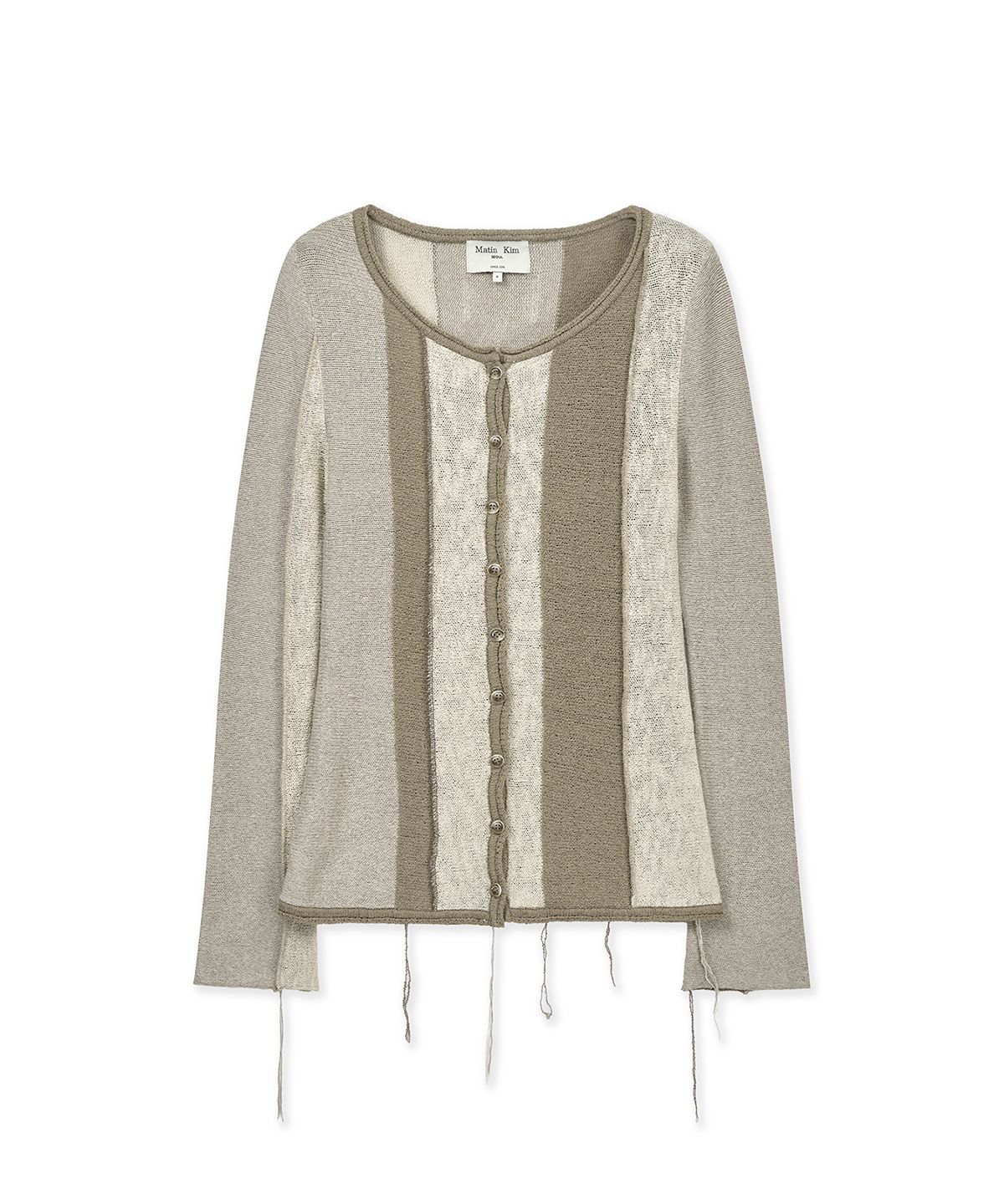 마뗑킴(MATIN KIM) COLOR BLOCK SLIM KNIT CARDIGAN IN BEIGE