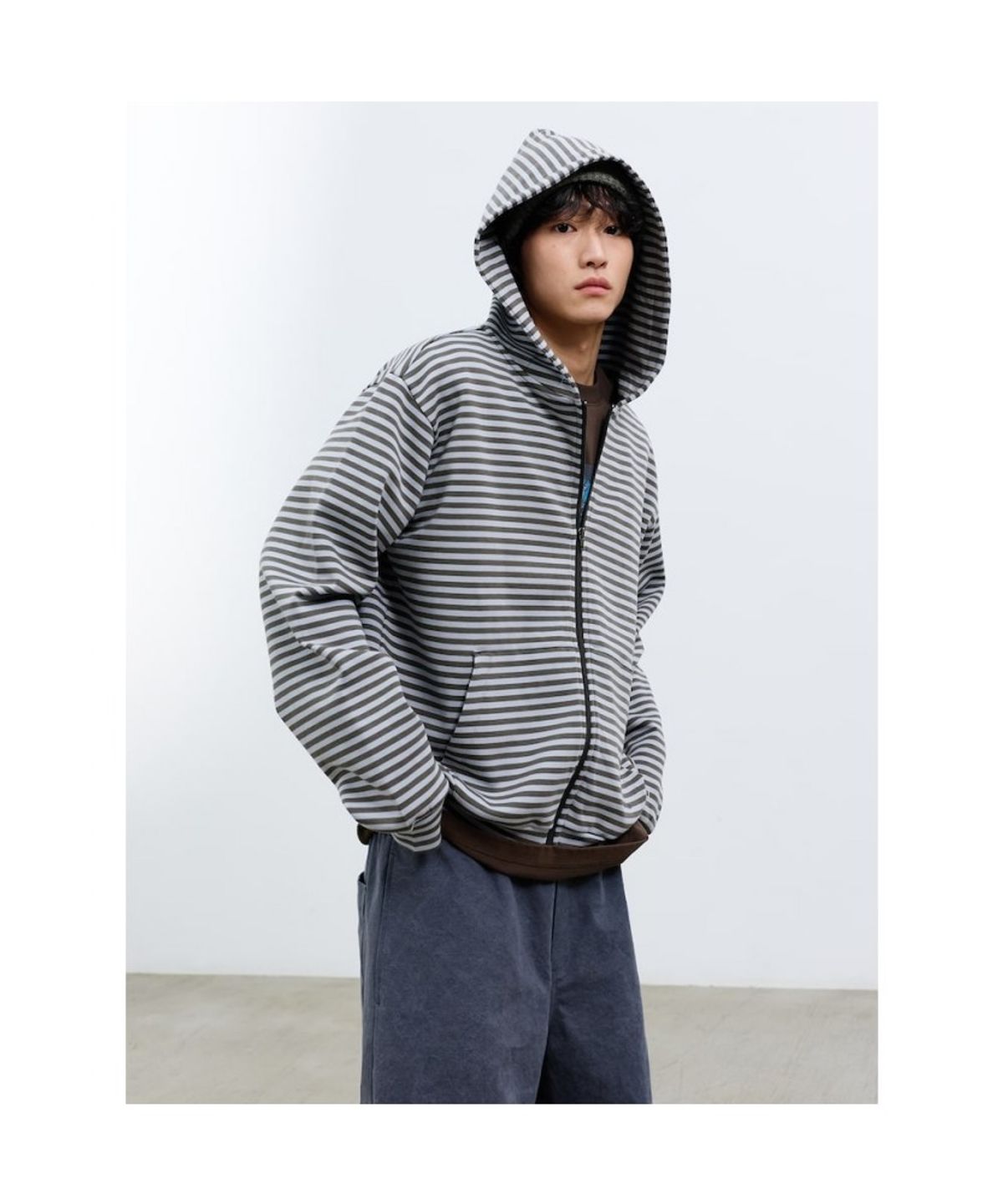 샌드 사운드(SAND SOUND) (UNISEX) 스트라이프 후드 집업 (셋업) 올리브