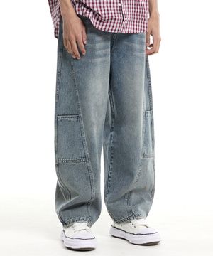 벌룬핏 사선 절개 카고 밴딩 팬츠 블루