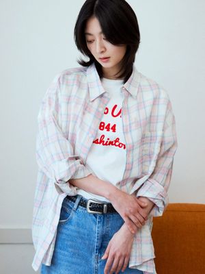 올데이 린넨라이크 체크 셔츠(핑크)