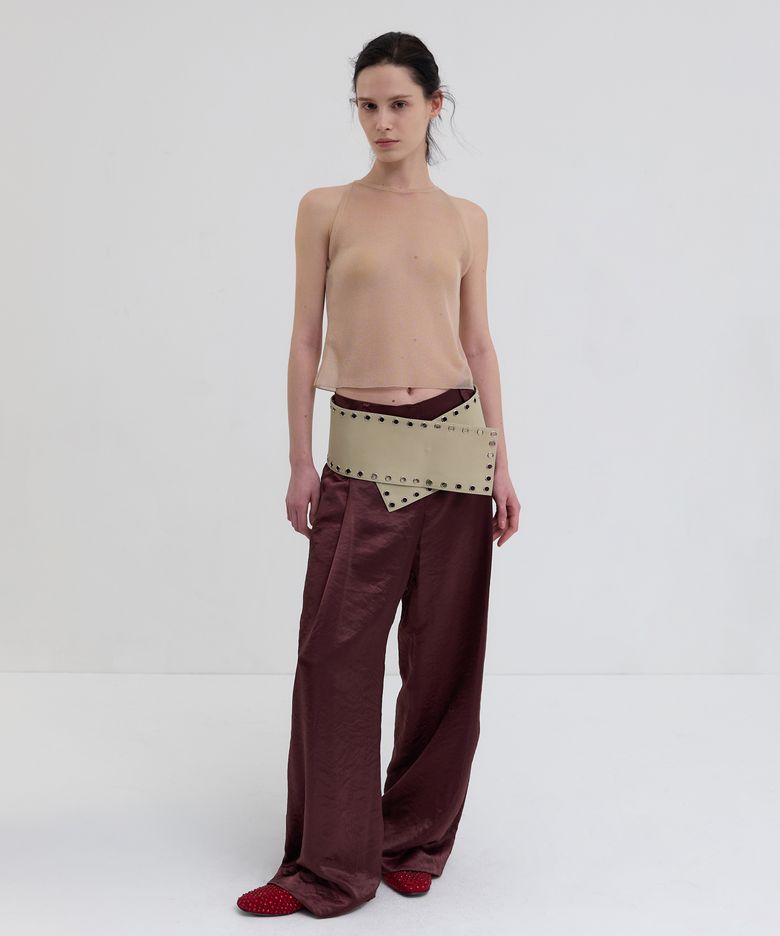 SHEER GLOSSY HALTER KNIT TOP_NUDE BEIGE