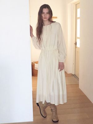 Pintuck Button Long Dress, Cream