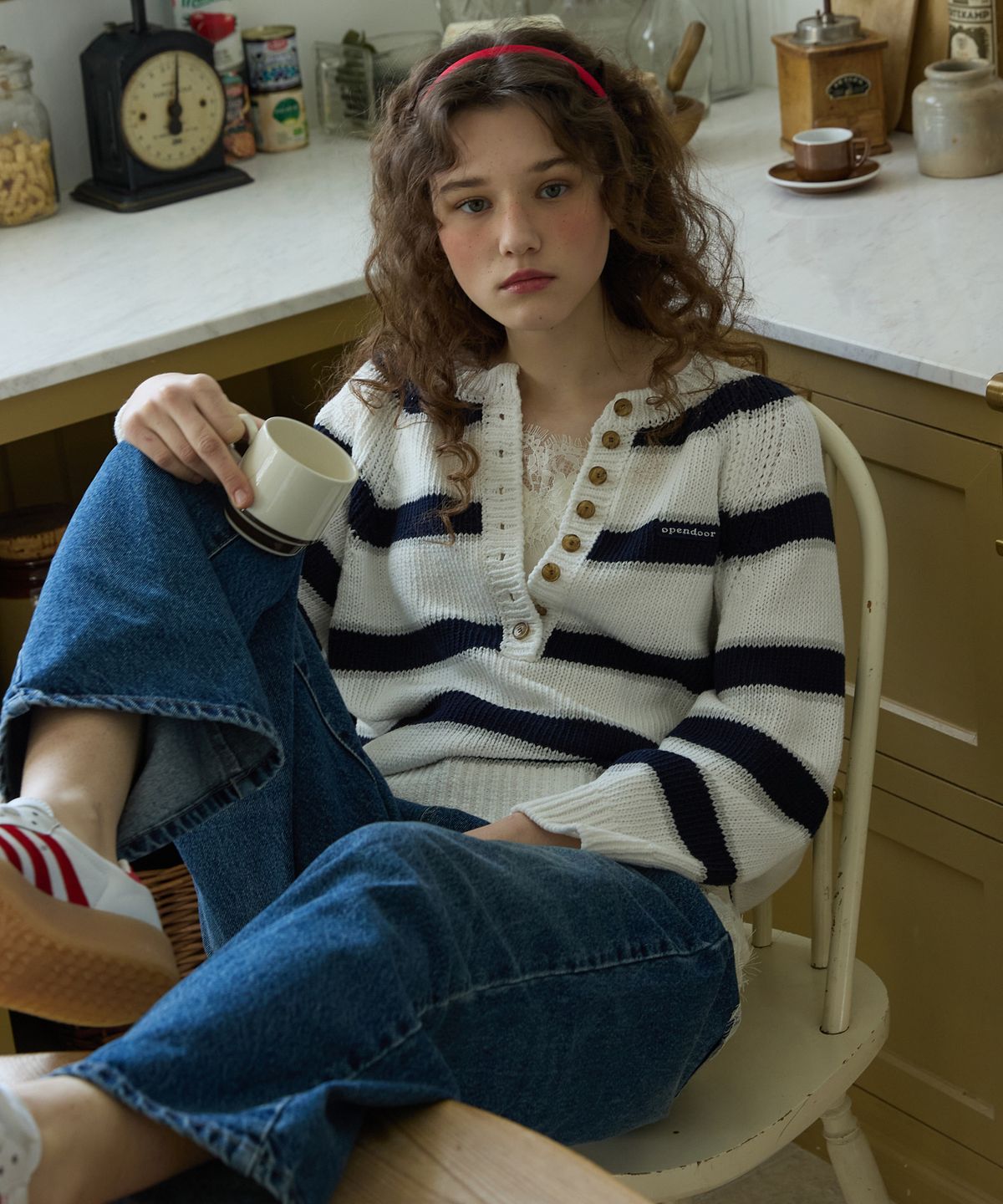 오픈도어스튜디오(OPENDOORSTUDIO) Latte stripe knit Navy