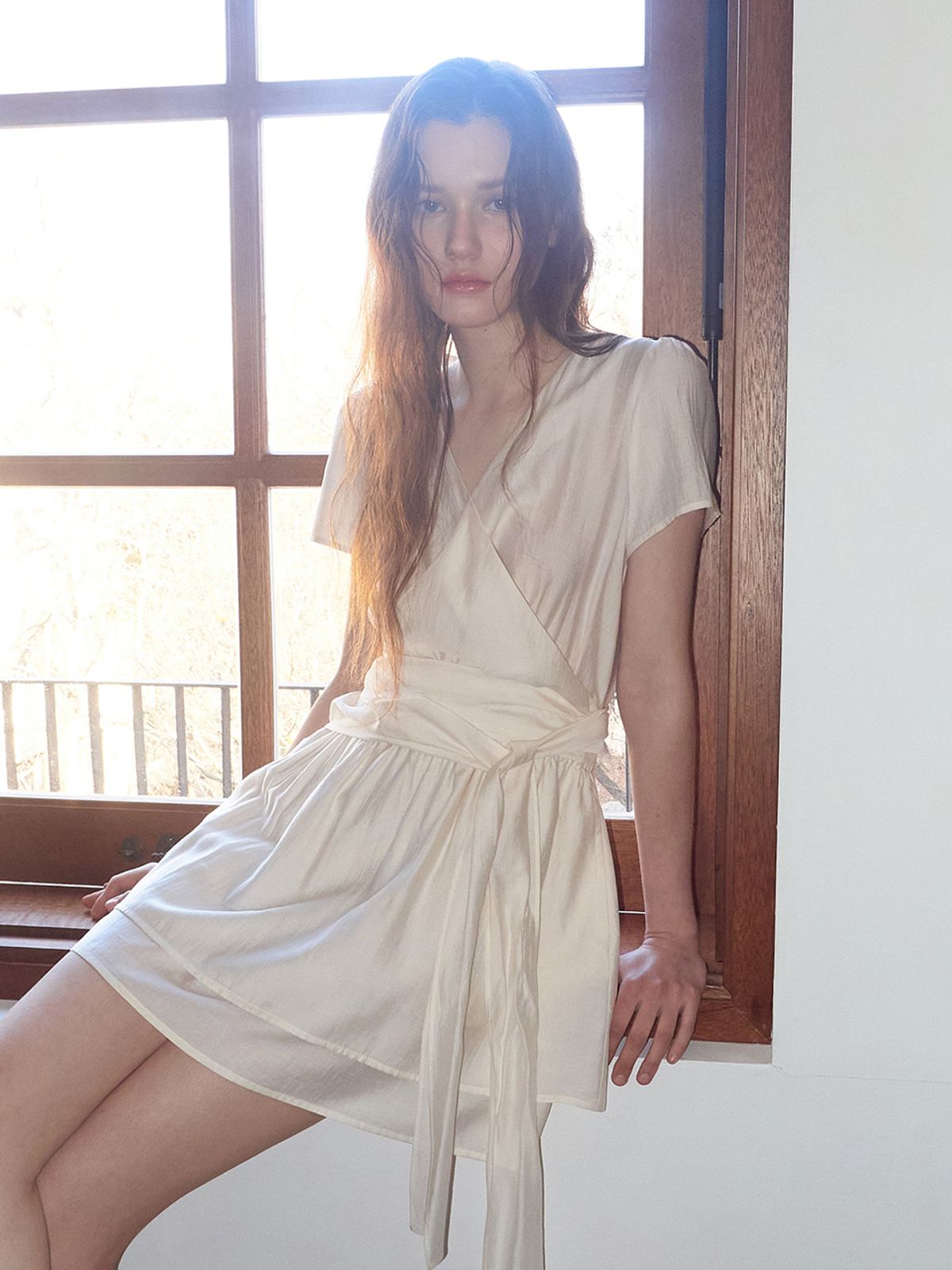 에트몽(ETMON) Wrap Tie Mini Dress, Cream