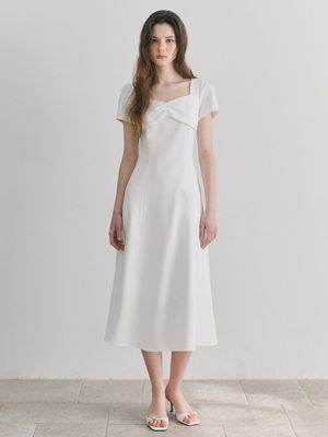 Heart Neck Ribbon Dress, White