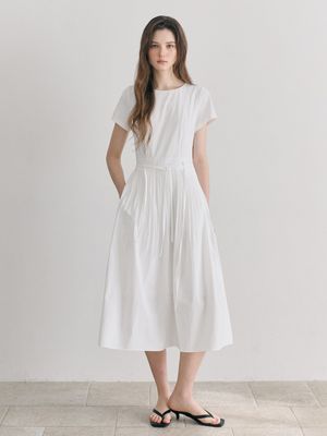 Pintuck Pleats Strap Dress, White