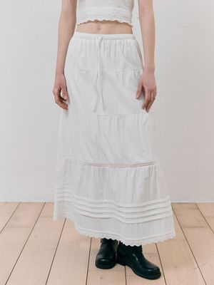 Pintuck Lace Tiered Skirt, White