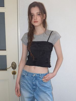 Flower String Sleeveless Blouse, Black