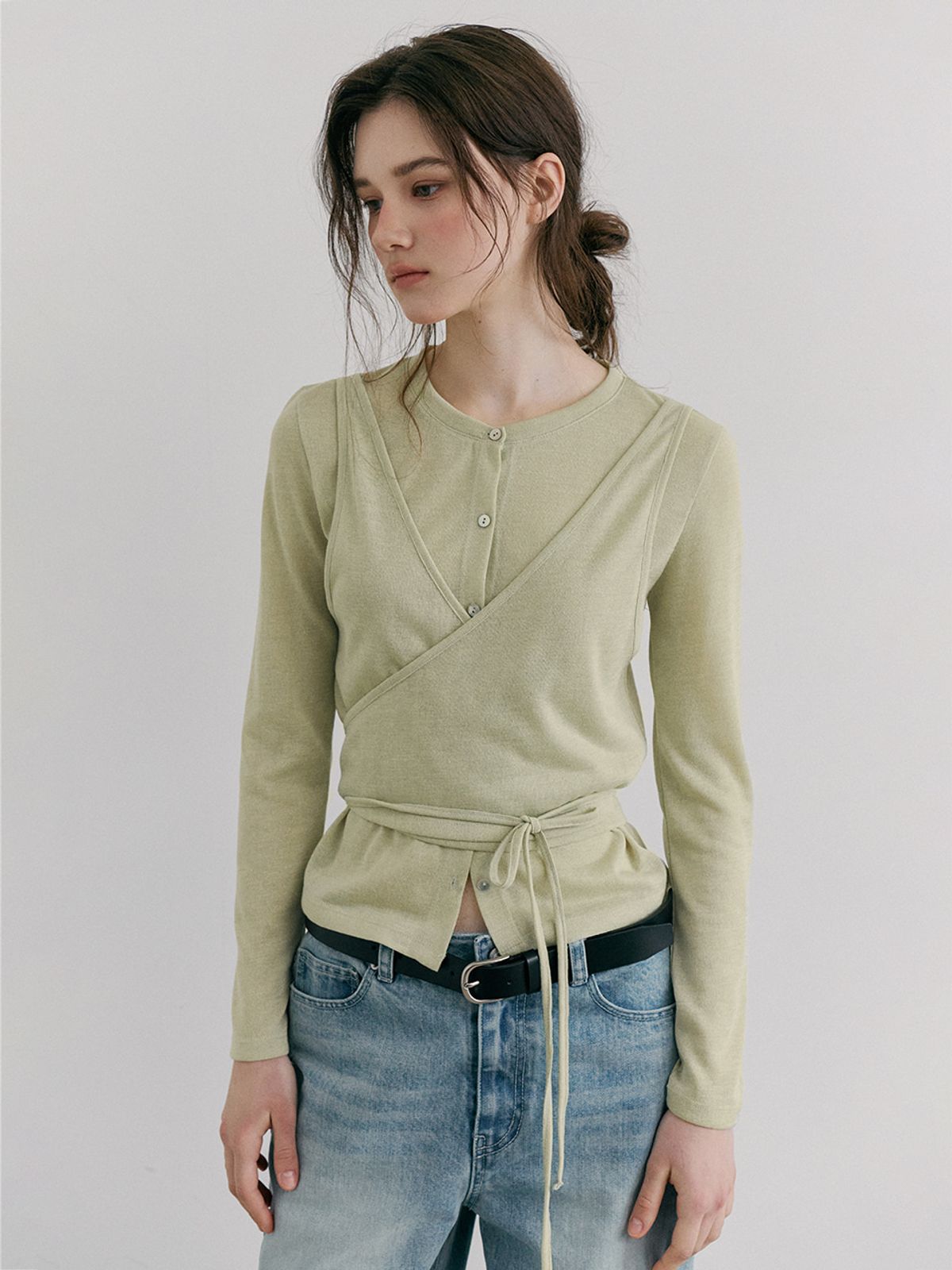 에트몽(ETMON) Wrap Cardigan T-Shirt, Light Green