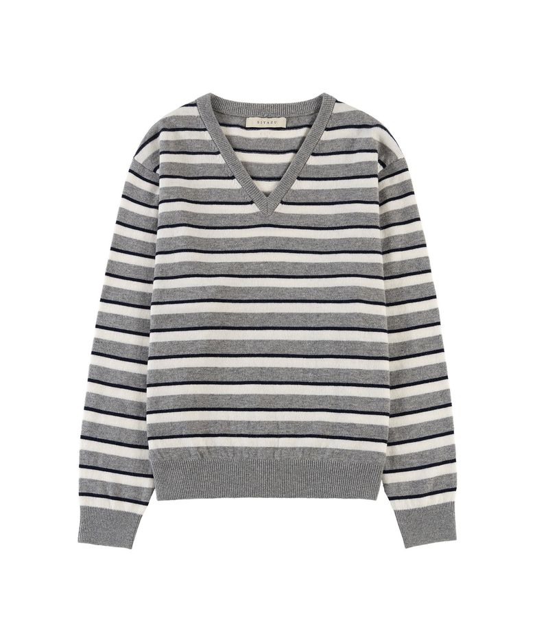 SIKN2174 멀티 스트라이프 브이넥 니트_Melange gray