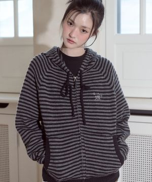 캣 스트라이프 후드 니트 집업 챠콜