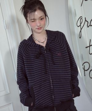 캣 스트라이프 후드 니트 집업 네이비