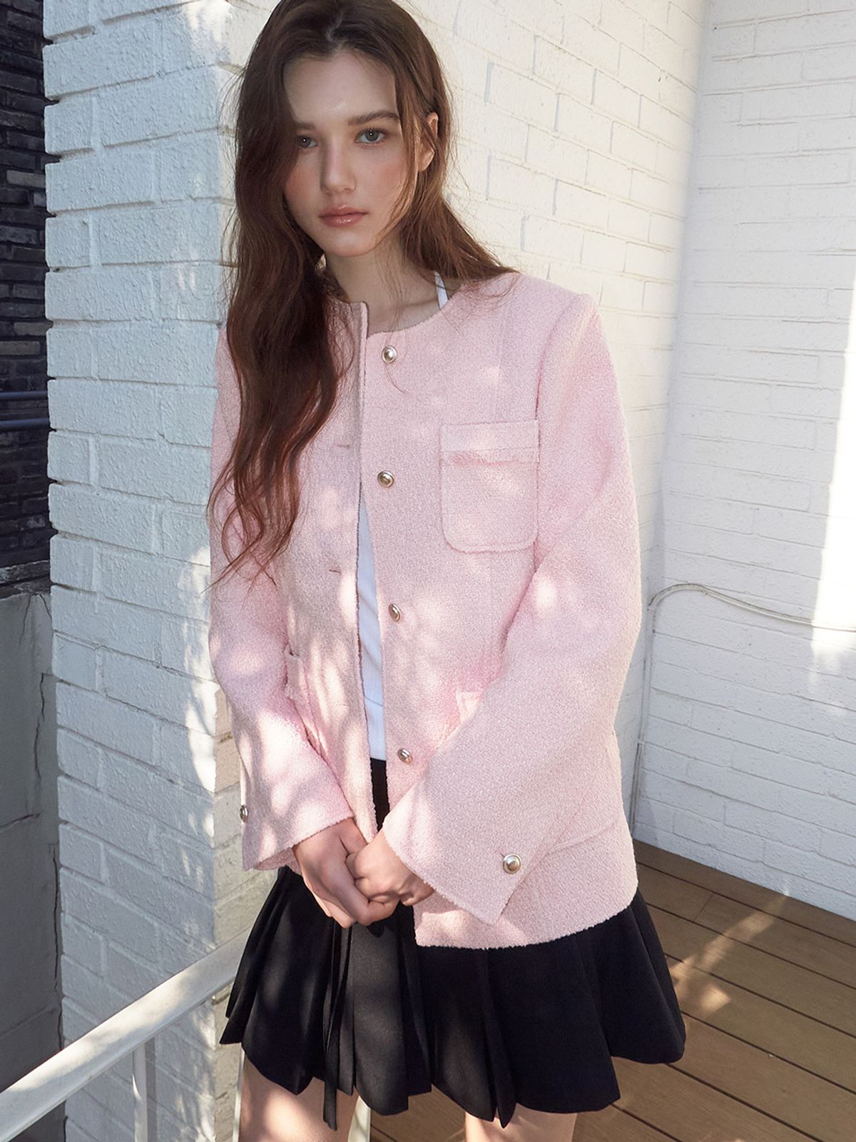 에트몽(ETMON) Stitch 4-Pocket Tweed Jacket, Pink