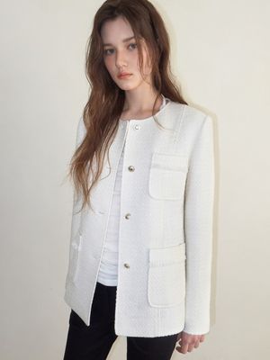 Stitch 4-Pocket Tweed Jacket, Ivory