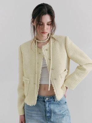 Fringe Strap Tweed Jacket, Light Yellow