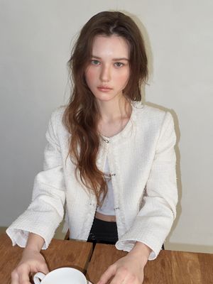 Buckle Fringe Tweed Jacket, Ivory