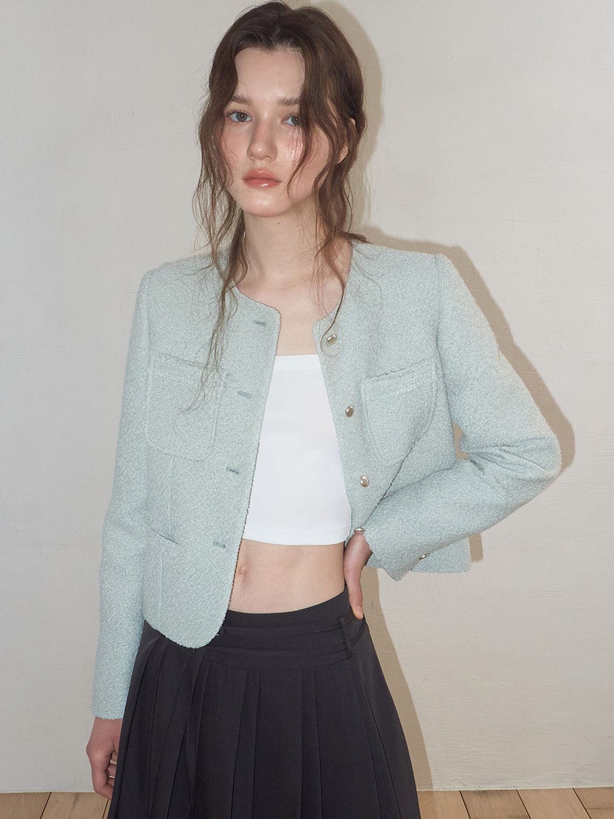 에트몽(ETMON) Welt Fringe Tweed Jacket, Mint