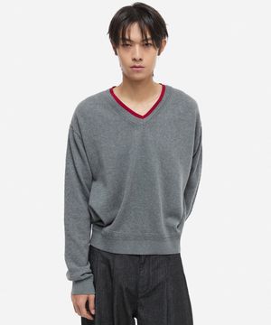 워셔블 브이넥 레이어드 니트 그레이