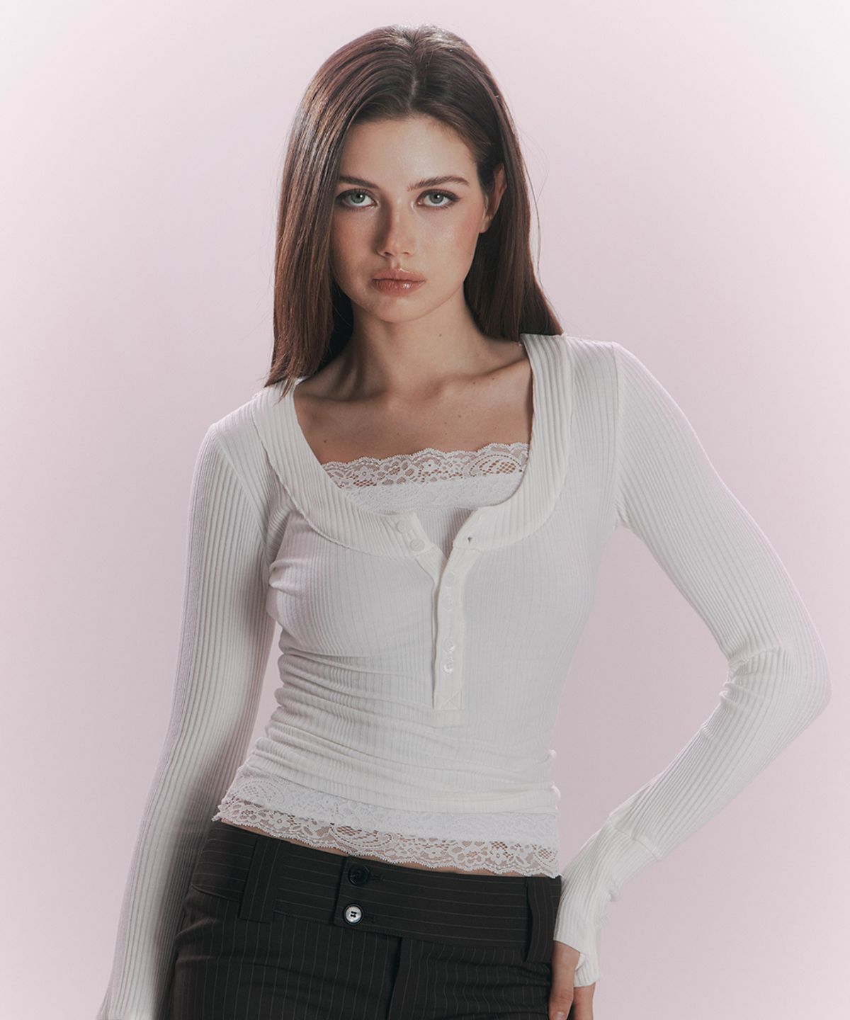 플리즈노팔로우(PLEASENOFOLLOW) Tanny Button Ribbed Long Sleeve Top (White)