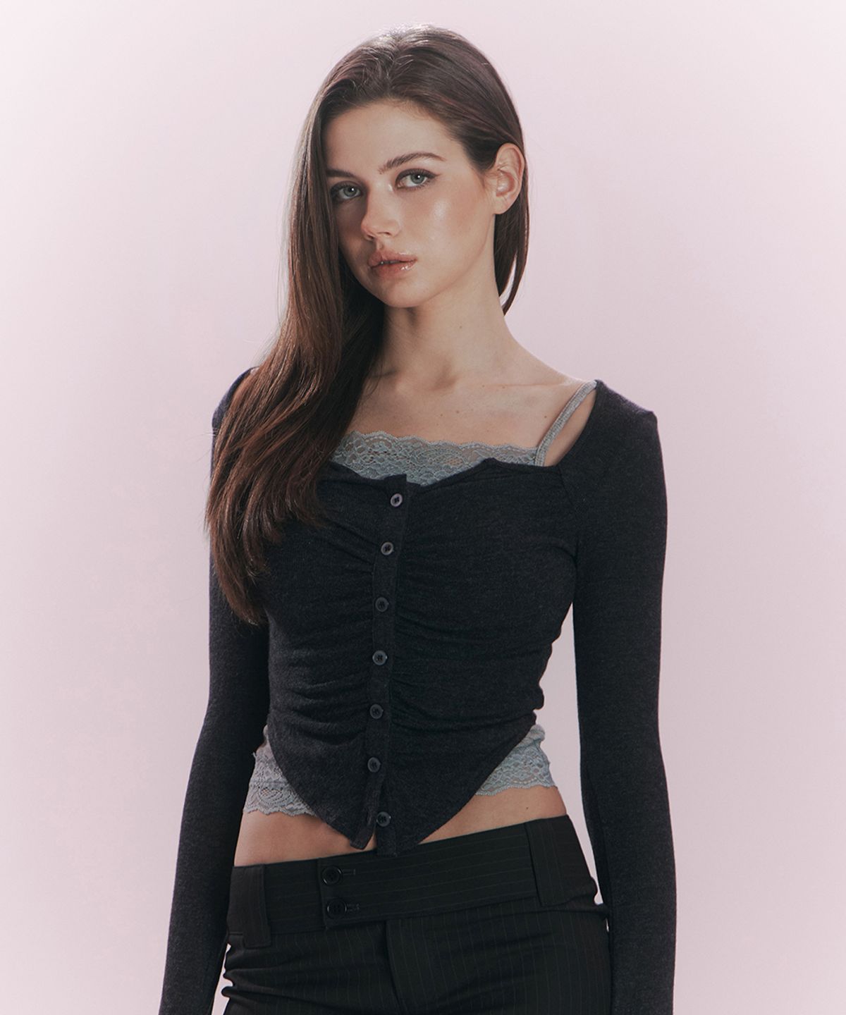 플리즈노팔로우(PLEASENOFOLLOW) Kaya Button Shirring Long Sleeve Top (Melange Charcoal)