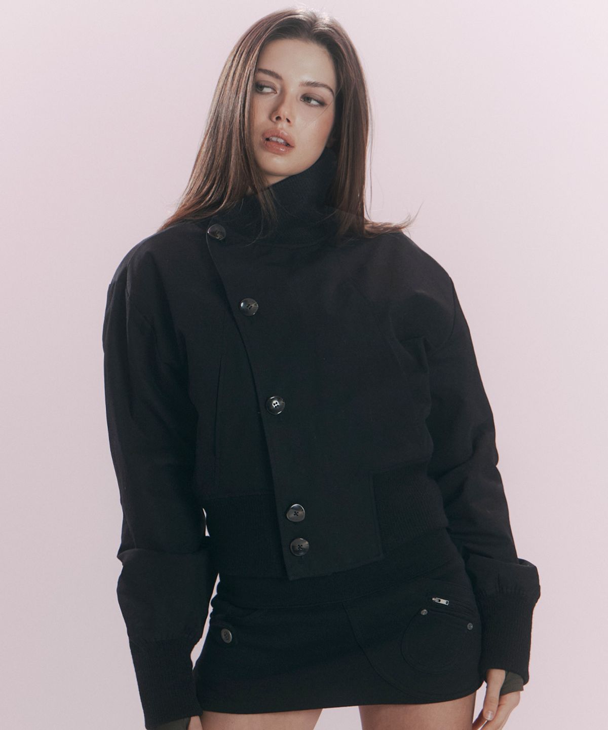 플리즈노팔로우(PLEASENOFOLLOW) Sena High Neck Button Jacket (Black)