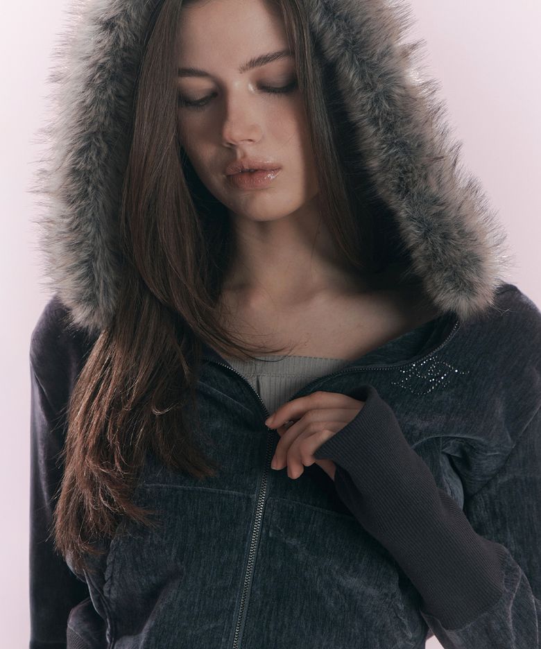 Mari Fur Hoodie Jacket (Charcoal)