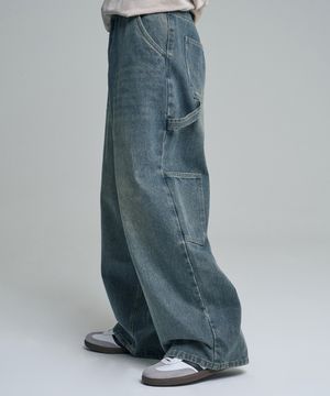 빈티지 와이드 카펜터 데님 팬츠 워시드 블루