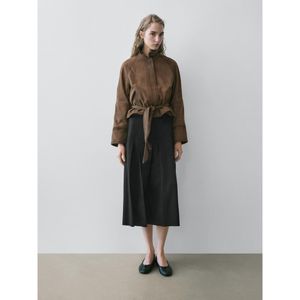 코튼 블렌드 플리츠 미디 스커트