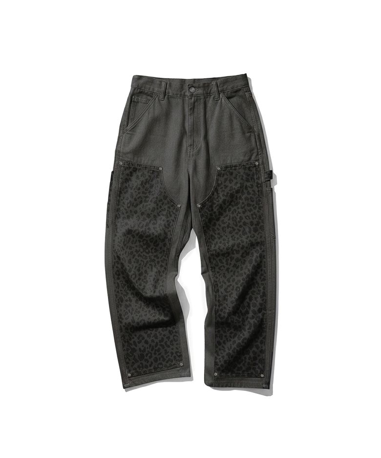 LEOPARD PANEL DOUBLE KNEE PANTS GREY