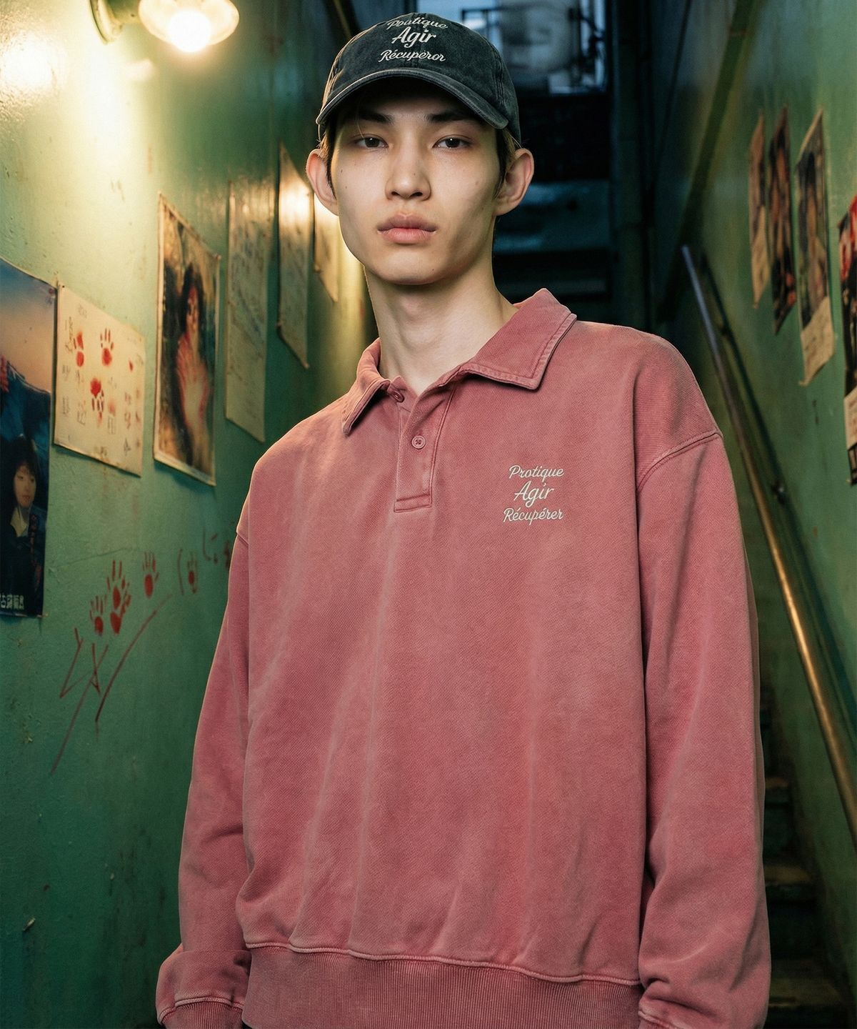 랑가주망(LENGAGEMENT) AGIR Salt-Washed Crop Polo Sweatshirt (Indian Pink)