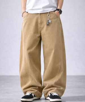 베이지 커브드 절개라인 와이드 코튼 팬츠
