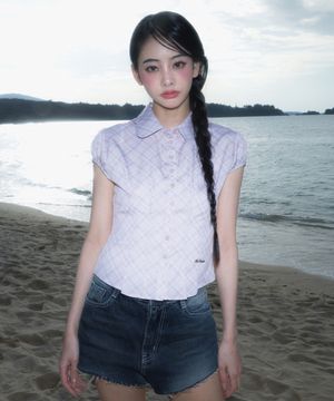 Check Puff Short Sleeve Blouse [Pink]