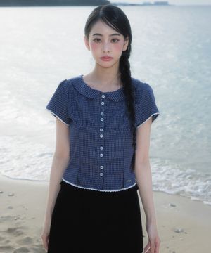 Round Collar Short Sleeve Blouse [Navy]