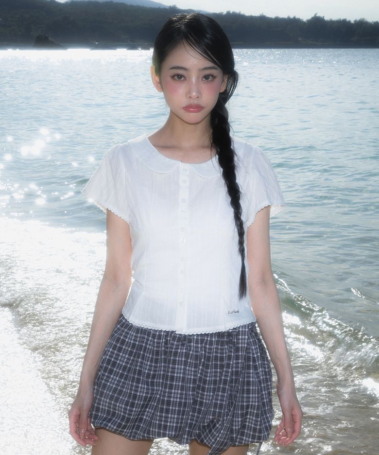 Round Collar Short Sleeve Blouse [Ivory]