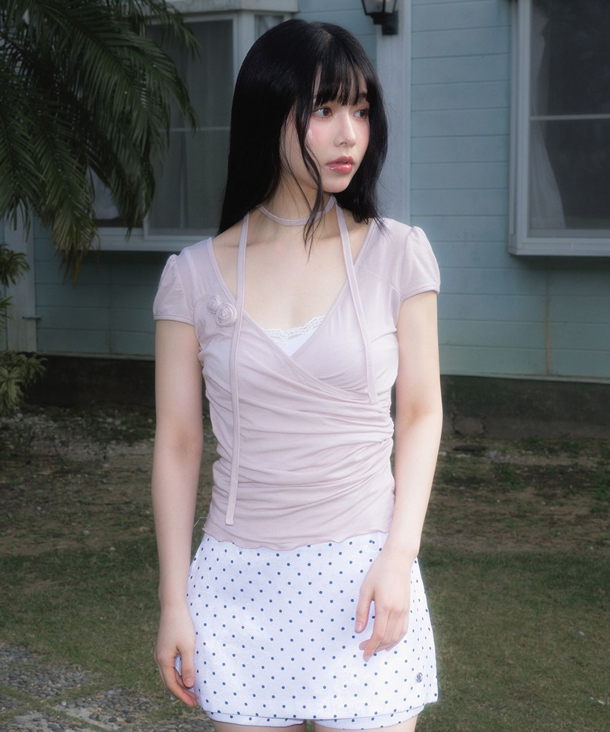 로제프란츠(ROSEFRANTZ) Corsage Shirring Tie T-shirt [Pink]