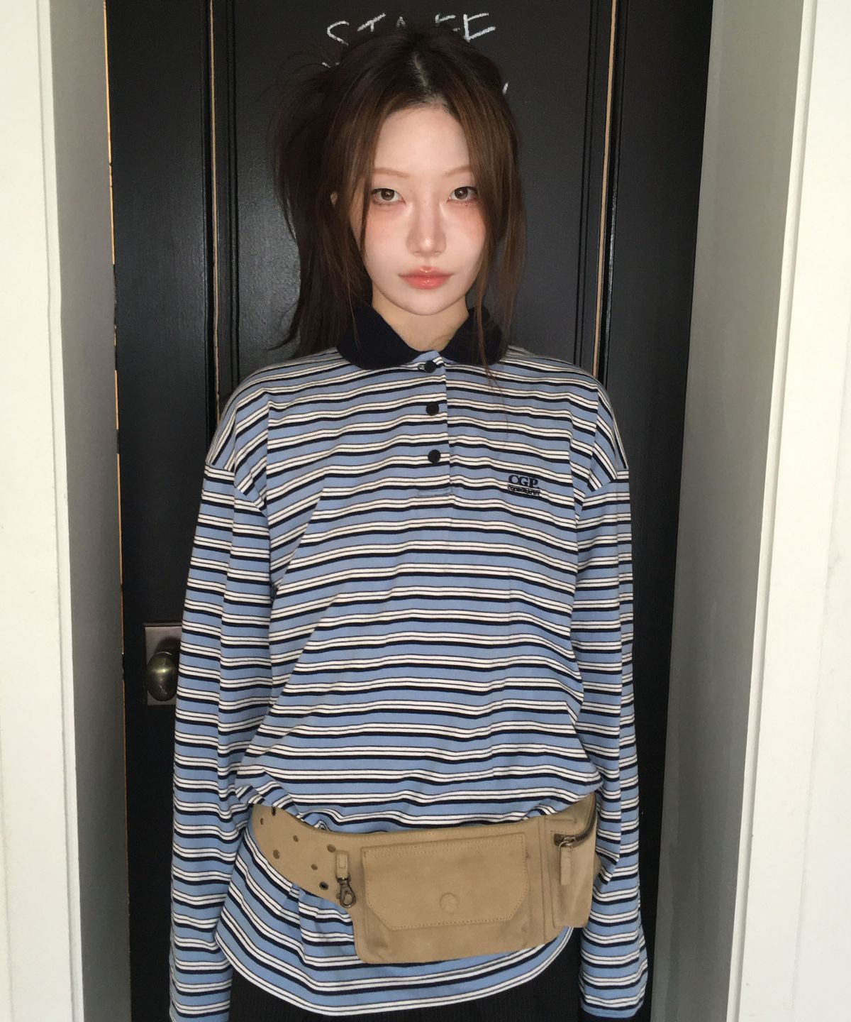 코드그라피(CGP) 스몰 스퀘어 로고 배색 스트라이프 럭비티-스카이 블루