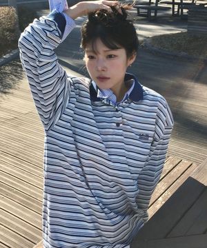 스몰 스퀘어 로고 배색 스트라이프 럭비티-아이보리