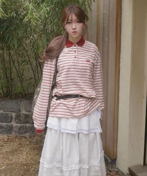 스몰 스퀘어 로고 배색 스트라이프 럭비티-버건디