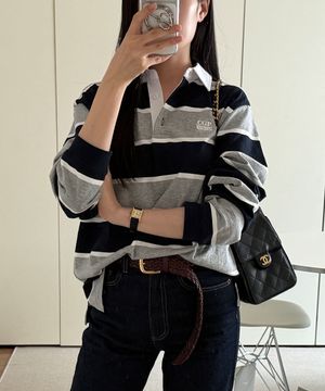 스몰 스퀘어 로고 스트라이프 럭비티-다크 네이비