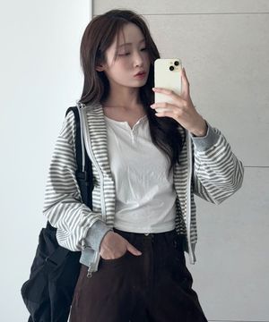 (우먼) 라이트 웨이트 스트라이프 후드 집업-그레이