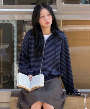 (우먼) 라이트 웨이트 스트라이프 후드 집업-다크 네이비