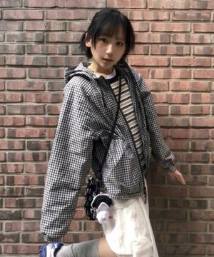 (우먼) 나글란 체크 후드 점퍼-블루