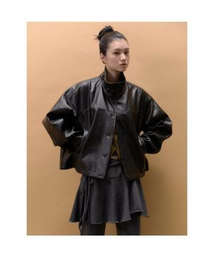 버튼업 하이넥 페이크 레더 블루종 아우터  블랙