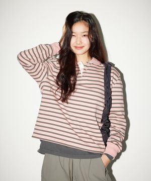 우먼 멀티 스트라이프 긴팔 티셔츠 핑크