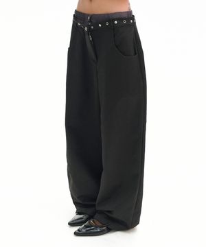 아일렛 포인트 트렁크 레이어드 새깅 와이드 히든 스트링 팬츠 [블랙]