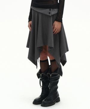 더블 버튼 드레이프 레이어드 미디 언발란스 플레어 스커트 _2COLOR