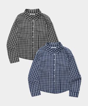 미니멀 체크 베이직 코튼 세미 피티드 긴팔 블라우스 크롭 셔츠_2COLOR