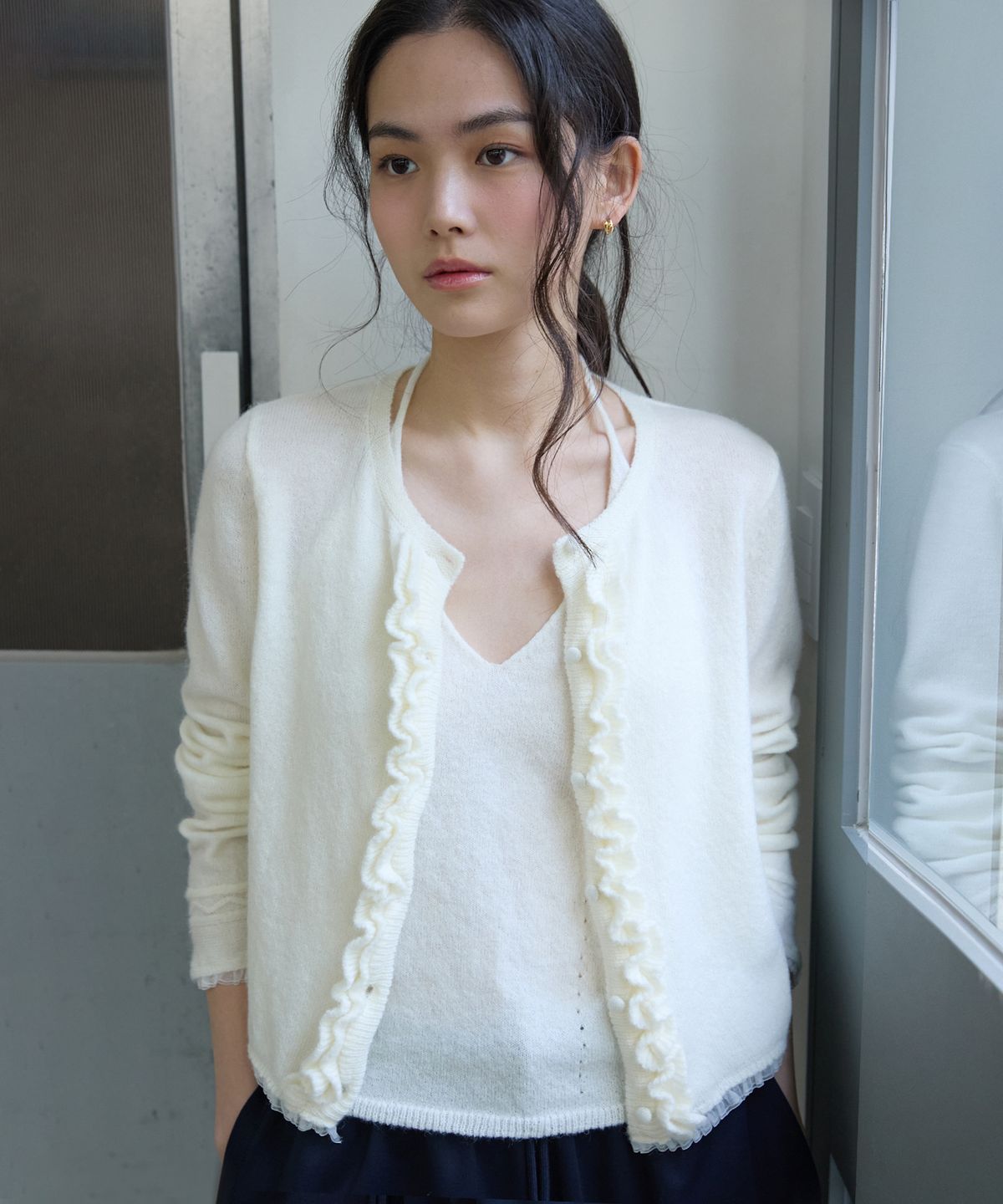 미치코런던 코시노(MICHIKO LONDON KOSHINO) 레이스 러플 가디건 세트 아이보리