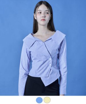 미디 크롭 랩 오프숄더 슬림 스트라이프 긴팔 셔츠 [2colors]